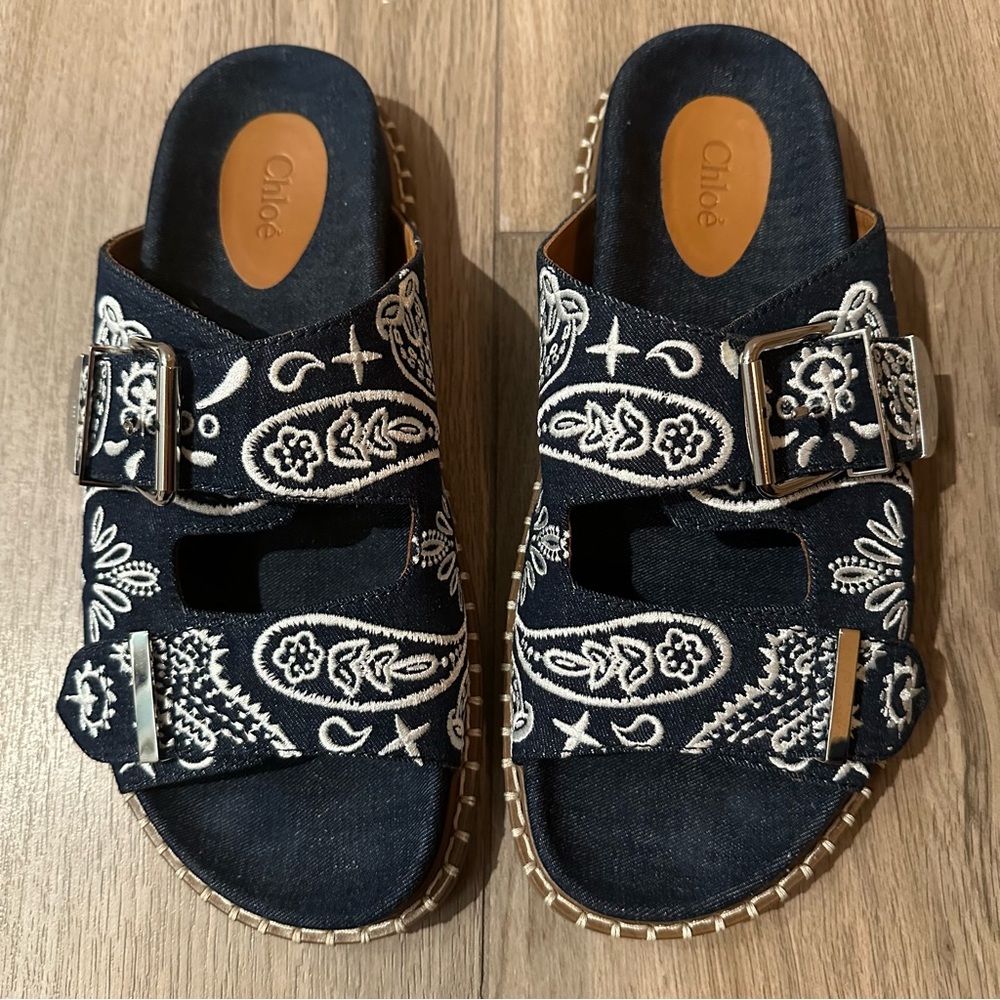Chloé Rebecca Denim Embroidered Sandals Sz 40